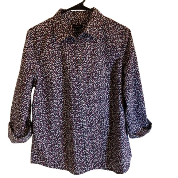 Talbots Cotton Button-Down Shirt LS Ditsy Floral Blue Red White Roll Sleeves, 12 - Picture 1 of 8